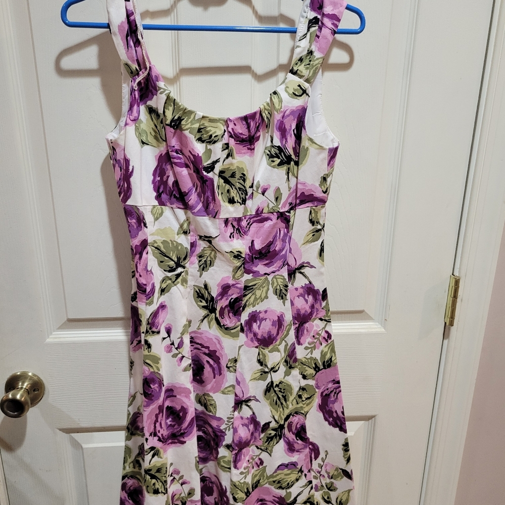 Floral Sleeveless Dress with Purple and Green Pattern